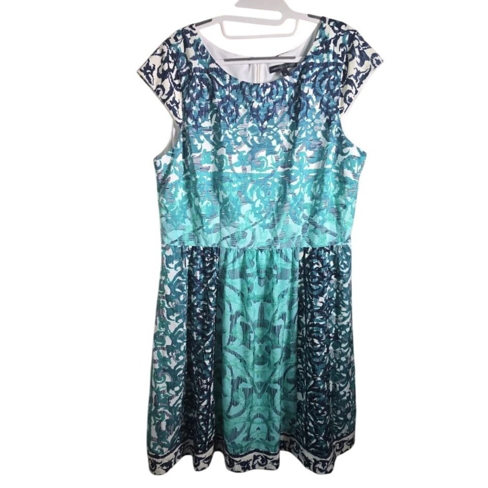 Chris McLaughlin Blue/Green Pleated Dress Lined Cap Sleeve Size 18 #913